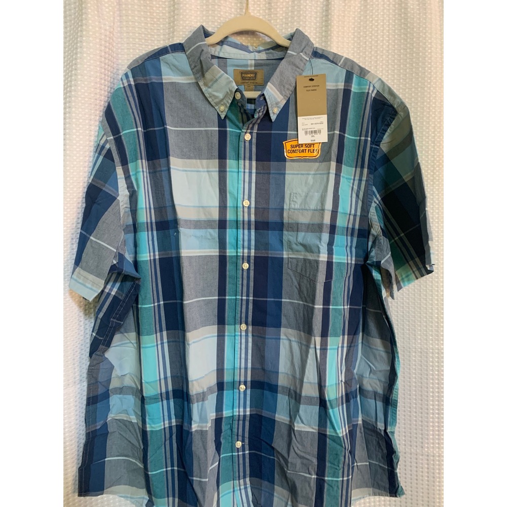 The Foundry Supply Co Mens 3XL Blue Plaid Comfort Stretch Short Sleeve Shirt NWT